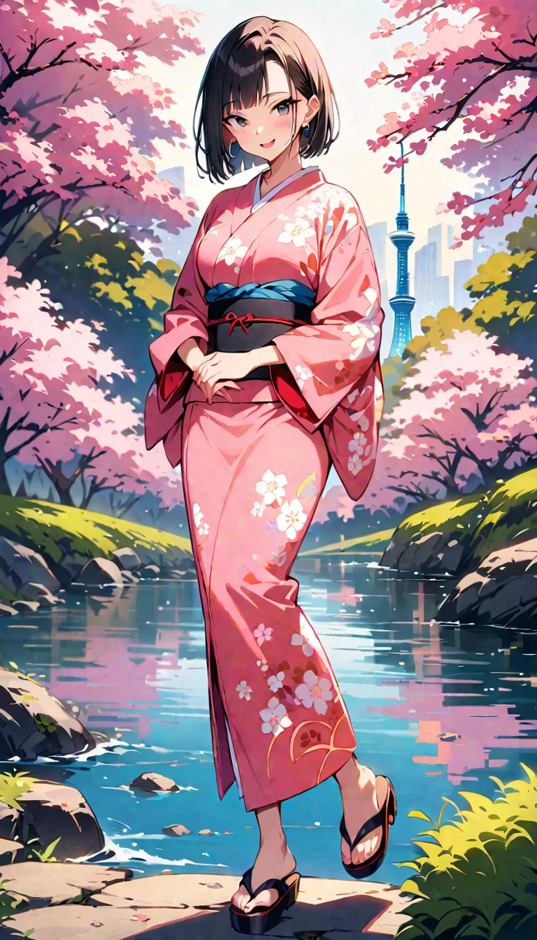 (masterpiece, best quality:1.2),1girl, (solo), Android 18 from Dragon Ball, ((floral print pink kimono)), medium breasts, blunt bangs, black short hair, (black eyes), earrings on earlobes, slim, slender feminine figure, skinny body, blush, magnificent view, blur background, 4K, open mouth, smile, full body, Japanese sandals, (own hands together), Tokyo Sky Tree, river, 