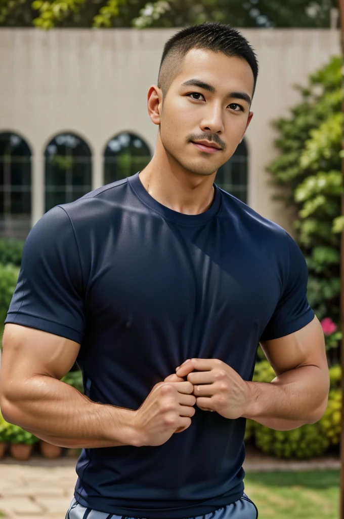Masterpiece, best quality, high resolution, realistic, handsome, Take beautiful photos, Sayk, NRF, Photo of the 35 year old gym association (The man has a thin mustache.:1.1),Full body, Portrait, standing in the garden , make military media, weight, Amazing , Buzzcut short hair,stubble head , (Hyper Muscle),looking at the audience, Flirt with the camera, charming, (Tight navy blue workout shirt. ),(GS-Male:1), 8K,Bokeh,Portrait,look at the viewer,
