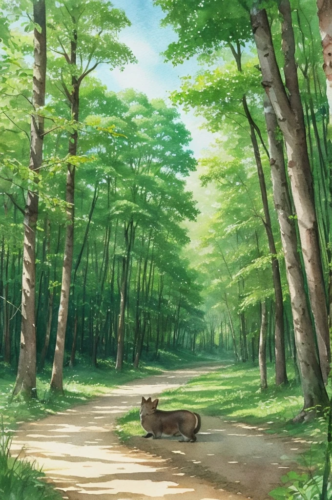 The whole forest is green In the distance, small animals are snoozing in the shade of the trees. A gentle illustration with a watercolor touch