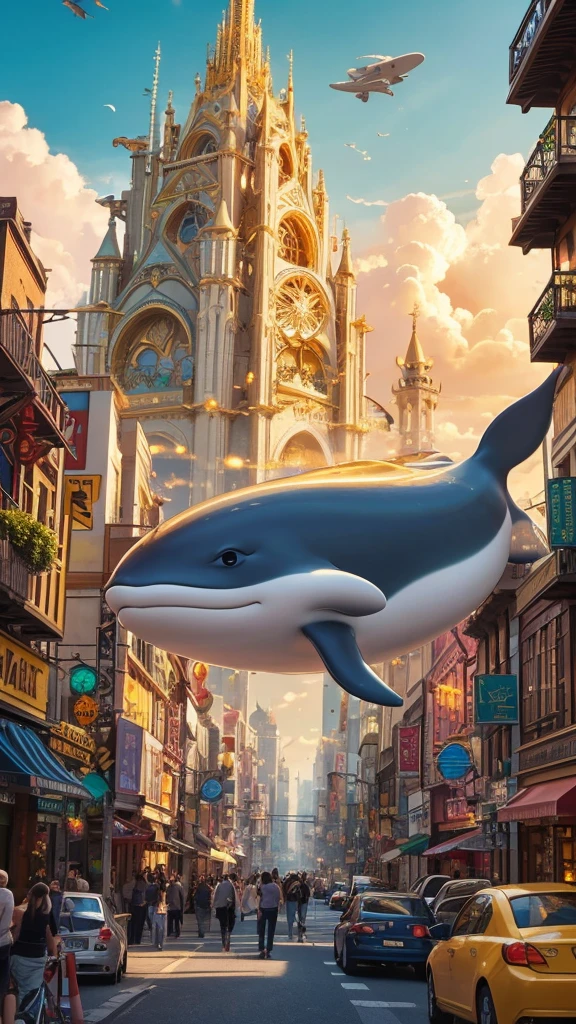 Create a whimsical and crowded scene set in a fantastical city with white and gold architecture. The city is bustling with various cute and unique characters, including humans and cartoon-like creatures. A large, friendly whale floats in the middle of the scene, with some characters standing on its back. The background is filled with soft, glowing clouds and a golden sky. Include small, hidden details like tiny creatures peeking out from behind buildings and interacting with each other. The overall atmosphere should be cheerful and lively, with a playful, dreamlike quality.