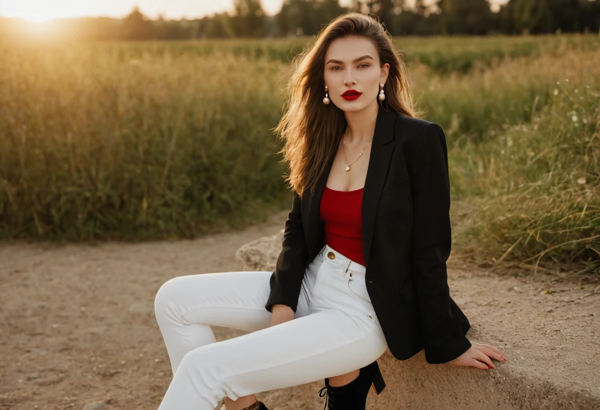 color digital photograph of Lucie Prochazka a woman from czech republic wearing (a black blazer), (a white t-shirt), (black skinny jeans), (black ankle boots), (pearl earrings), (red lipstick), and Slingbacks shoes shot on Nikon Z9 by Denis Karasev, 26 years old, pale skin, (long hair), tiny figure, small breasts, feeling, at golden hour,full body, masterpiece, natural lighting, (outdoor setting:1.2), warm tones, side lighting, natural skin details, 4k, UHD, masterpiece, detailed eyes, detailed face, detailed skin, perfect hands, perfect feets, photo, high skin detail, moles, imperfect skin, ultra realism, RAW photo, subsurface scattering