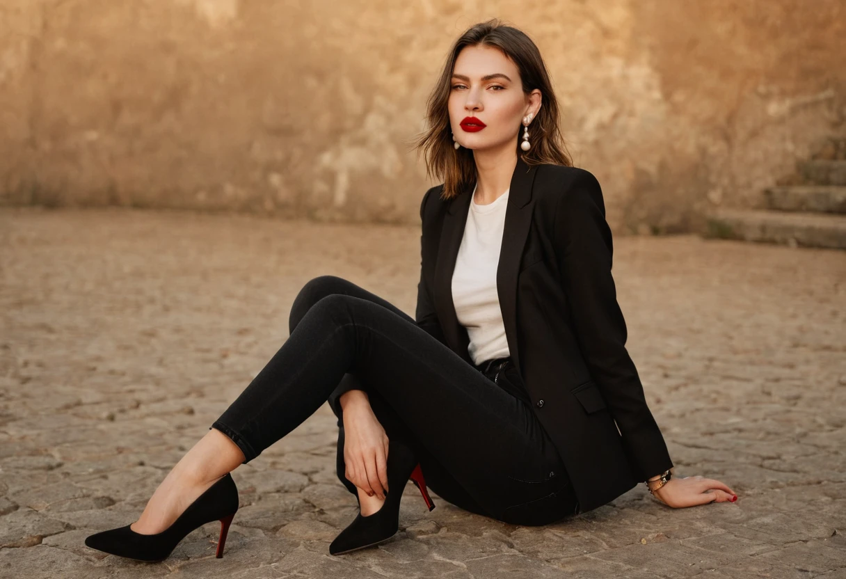 color digital photograph of Lucie Prochazka a woman from czech republic wearing (a black blazer), (a white t-shirt), (black skinny jeans), (black ankle boots), (pearl earrings), (red lipstick), and Slingbacks shoes shot on Nikon Z9 by Denis Karasev, 26 years old, pale skin, (long hair), tiny figure, small breasts, feeling, at golden hour,full body, masterpiece, natural lighting, (outdoor setting:1.2), warm tones, side lighting, natural skin details, 4k, UHD, masterpiece, detailed eyes, detailed face, detailed skin, perfect hands, perfect feets, photo, high skin detail, moles, imperfect skin, ultra realism, RAW photo, subsurface scattering