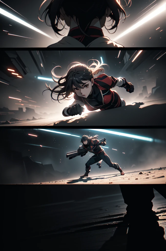 ((8k, best quality, masterpiece, extremely detailed, Rule of thirds)), (((light play, shadow play))), ((abstract background)), ((provocative)), ((action photography)), ((cinematic, film grain)), ((anime aesthetic)), ((comic-style)), ((soft light passing through hair)), ((gunplay)),