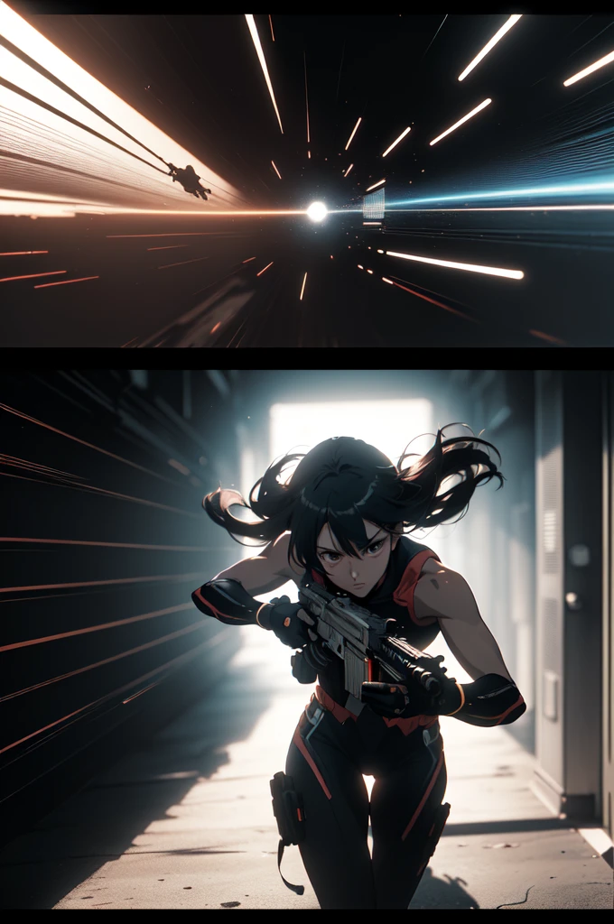 ((8k, best quality, masterpiece, extremely detailed, Rule of thirds)), (((light play, shadow play))), ((abstract background)), ((provocative)), ((action photography)), ((cinematic, film grain)), ((anime aesthetic)), ((comic-style)), ((soft light passing through hair)), ((gunplay)),