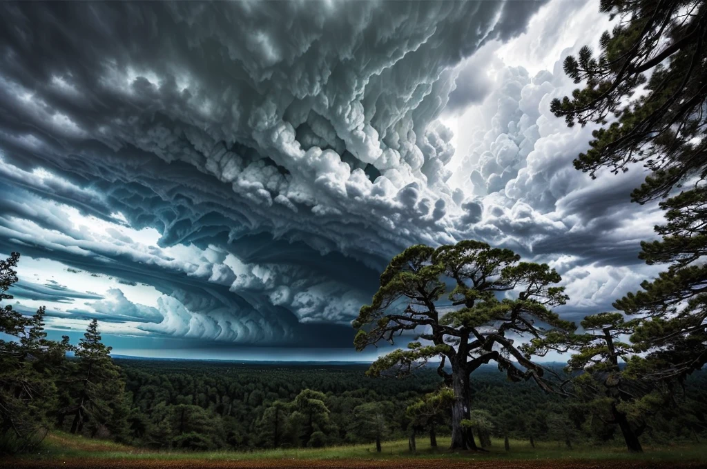 (((Masterpiece))), (high quality), In the forest at dusk。There are lots of big trees around。Black clouds cover the sky。The Storm is Coming。There are large trees all around、I look up at it with a tilted gaze.。Realistic。