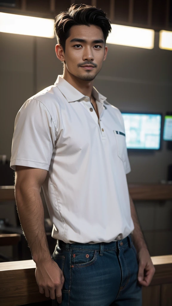 Thai man, short hairstyle, buzz cut, handsome, muscular, big muscles, wide shoulders, male model wearing a black polo shirt and jeans, standing and smiling.