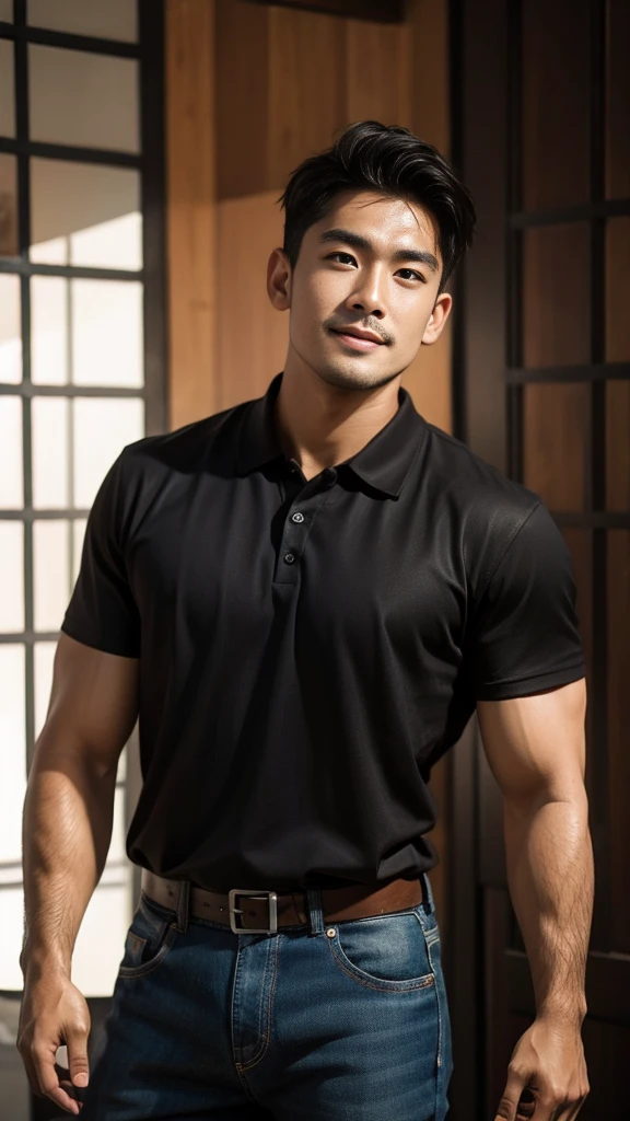 Thai man, short hairstyle, buzz cut, handsome, muscular, big muscles, wide shoulders, male model wearing a black polo shirt and jeans, standing and smiling.