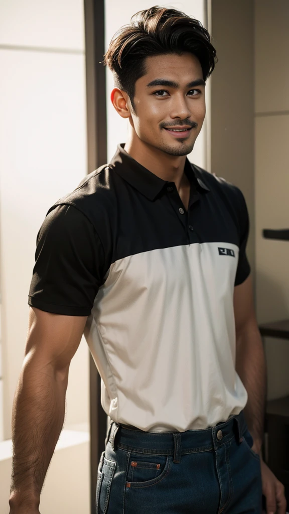 Thai man, short hairstyle, buzz cut, handsome, muscular, big muscles, wide shoulders, male model wearing a black polo shirt and jeans, standing and smiling.