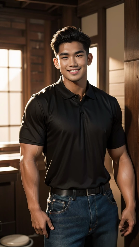 Thai man, short hairstyle, buzz cut, handsome, muscular, big muscles, wide shoulders, male model wearing a black polo shirt and jeans, standing and smiling.