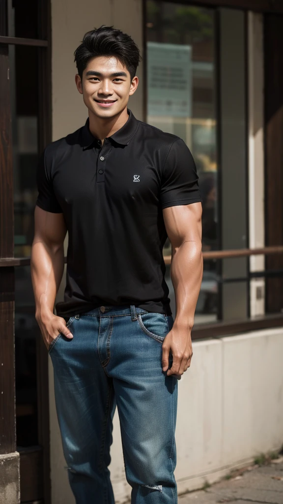 Thai man, short hairstyle, buzz cut, handsome, muscular, big muscles, wide shoulders, male model wearing a black polo shirt and jeans, standing and smiling.