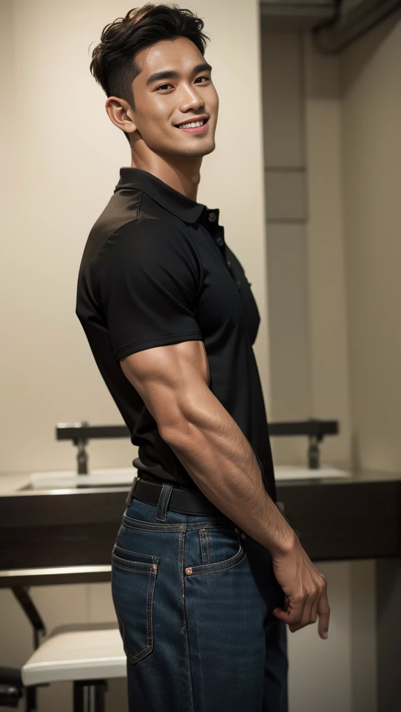 Thai man, short hairstyle, buzz cut, handsome, muscular, big muscles, wide shoulders, male model wearing a black polo shirt and jeans, standing and smiling.