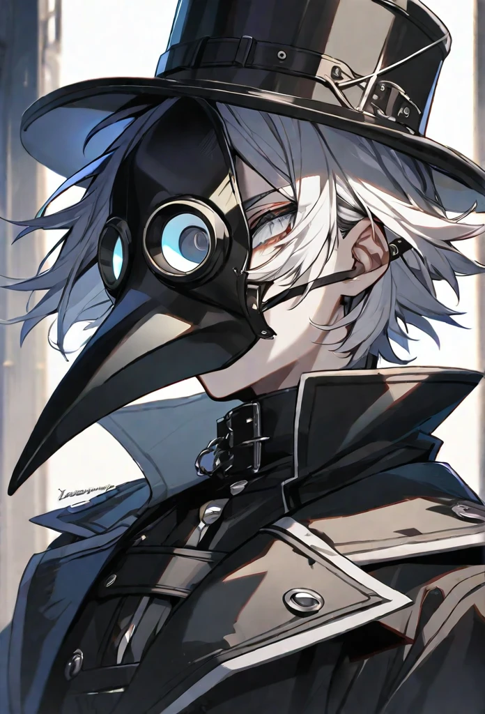 solo, handsome, 1 male, short hair, white color hair, white eyes, black coat, black plague doctor mask, black gloves, black top hat