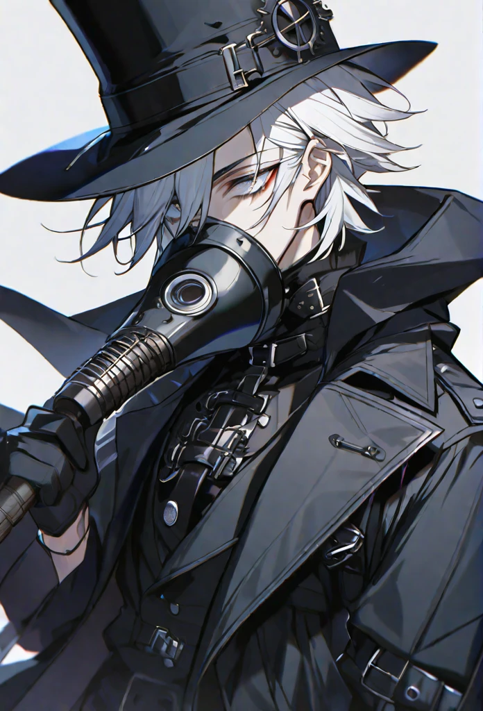solo, handsome, 1 male, short hair, white color hair, white eyes, black coat, black plague doctor mask, black gloves, black top hat