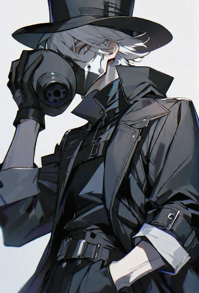 solo, handsome, 1 male, short hair, white color hair, white eyes, black coat, black plague doctor mask, black gloves, black top hat