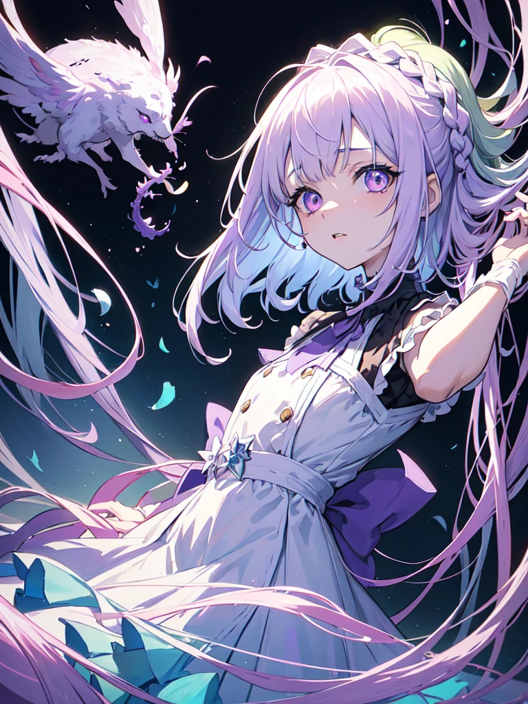 whole body絵, メイド服を着ている and sketch (Character design sheet, same characters, whole body, Three-View, front, ~ ~ ~ side, return),(Very bright:1.1), White Background, [1 Girl:7], (Tilt your head:1.2), ([sketch|watercolor \(Moderate\)]:1.15),full body, Full bangs, Gradient braided hair, (Light purple hair), (Ink blotches:1.1), (pale:1.2),(Light purple:1.2),(Light green:1.2)　and full body, Artistic elements add depth to the work. The overall atmosphere is creepy and nightmarish..., With a unique artistic touch. This movie is、The dark and crazy world of horror movies depicted in HD., Evoke visual stimuli and aesthetic sense, It will terrify and excite the audience....,watercolor画, （Lightless, Eyes without highlights, Evil Eye, A bad looking person with white eyes, It&#39;s a red eyeliner）,（Mature face,tall, Wearing black tights,Green Eyes, The skin is hidden　and maid, The background is a dark and desolate landscape, Horror movie atmosphere. Her figure is extremely beautiful, Emphasizing the dark and crazy elements. Skillfully expressing the effects of light and shadow, detailed, The face and expression of the black costume are also carefully drawn.