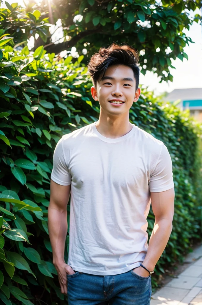 Young Korean man in a white t-shirt and jeans, A handsome, muscular young Asian man looks at the camera. In a simple black and red t-shirt. , Fieldside, grass, beach, sunlight, Carrying a camera, smiling