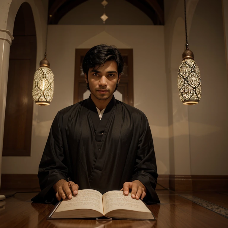 Taqi is a handsome and kind young man. He wears a Muslim robe with black hair(anime, cartoon, light effect, cute, squirky, lighting is smooth, in 3D animation). Taqi sat at the front row of the recitation, with a face full of enthusiasm as he studied the Koran and hadith from the ustadz sitting in front of him. The light from the mosque's hanging lamps illuminated his dedicated face.