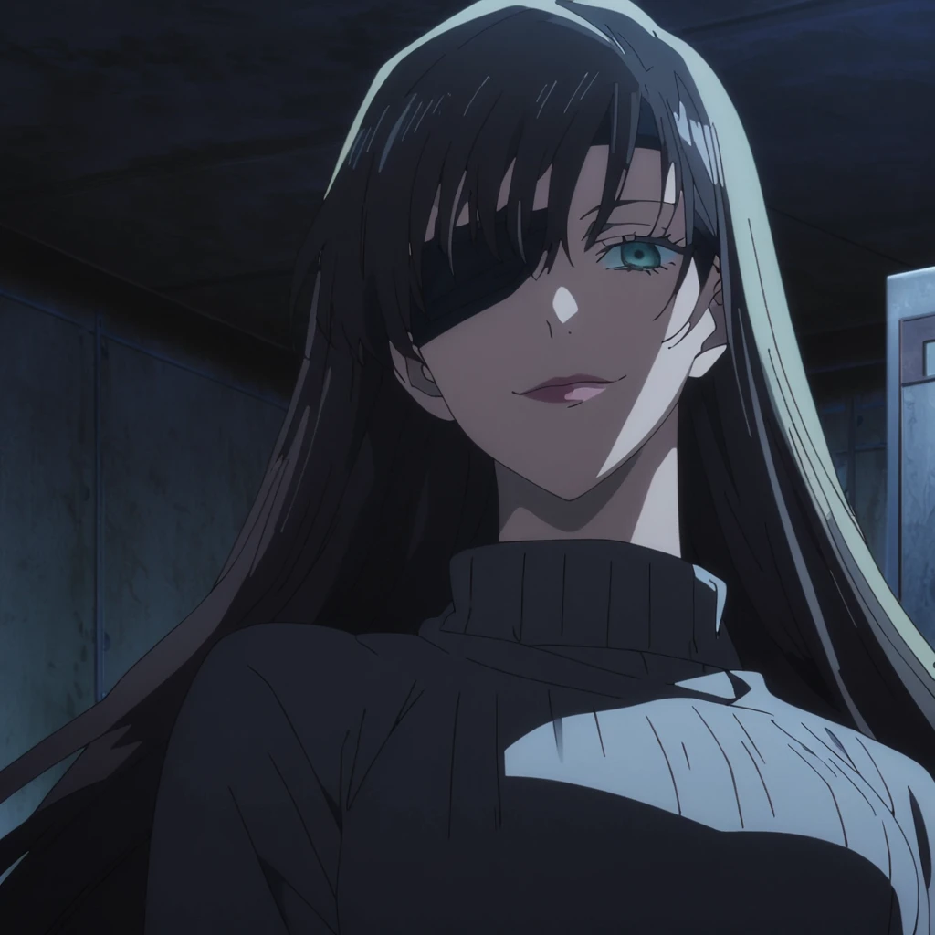 1girl, female gojo satoru, anime screencap from jujutsu kaisen, gojo satoru female version, solo, very long_hair, ((smooth texture hair)) ((black blindfold)), ((very long black_hair)), night view, breasts, upper_body, smile, indoors, book, bangs, lips (( very long hair, swept bangs)) wearing black color sweater, breast, "very detailed and high resolution" (black blindfold) ((one hand on the chin)) ((smooth texture hair)) ((solo)) ((high resolution)) ((upper body)) (Good quality)