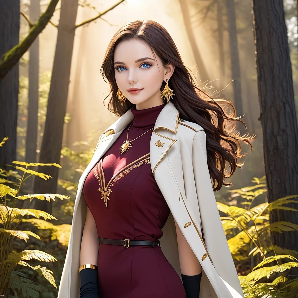 A Beautiful Woman with a beautiful frame, long, flowing dark brown hair, fair skin tone, and bright blue eyes. She is clad in a burgundy turtleneck dress, white coat, black gloves, black high-stocking, and red heeled boots. She have gold bands on her wrist, upper arms, and thigh, allngside gold sun-shaped earrings. With a gentle smile, she is standing with an Alien-like Forest Landscape.