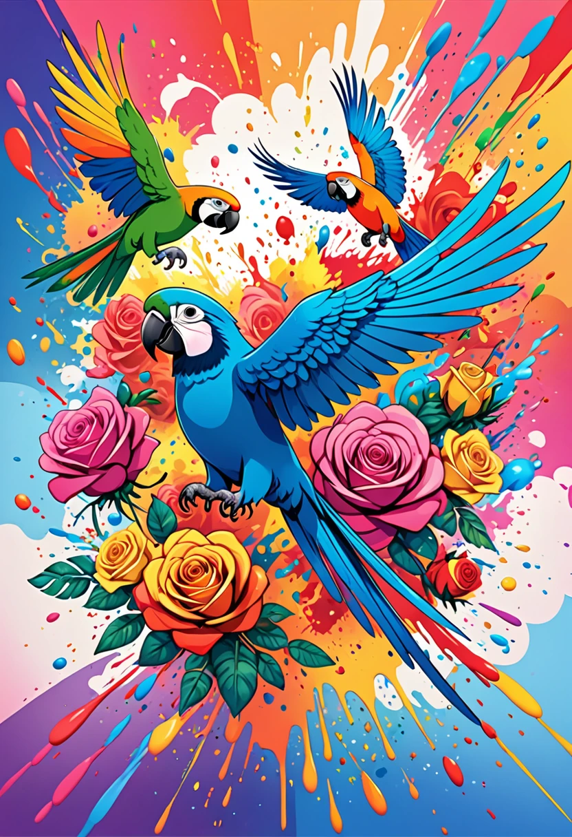 vectorial art, Colorful illustration with many roses and parrots, At the center, swirly vibrant colors, paint splashes and smears, high détail,explosion effect background
