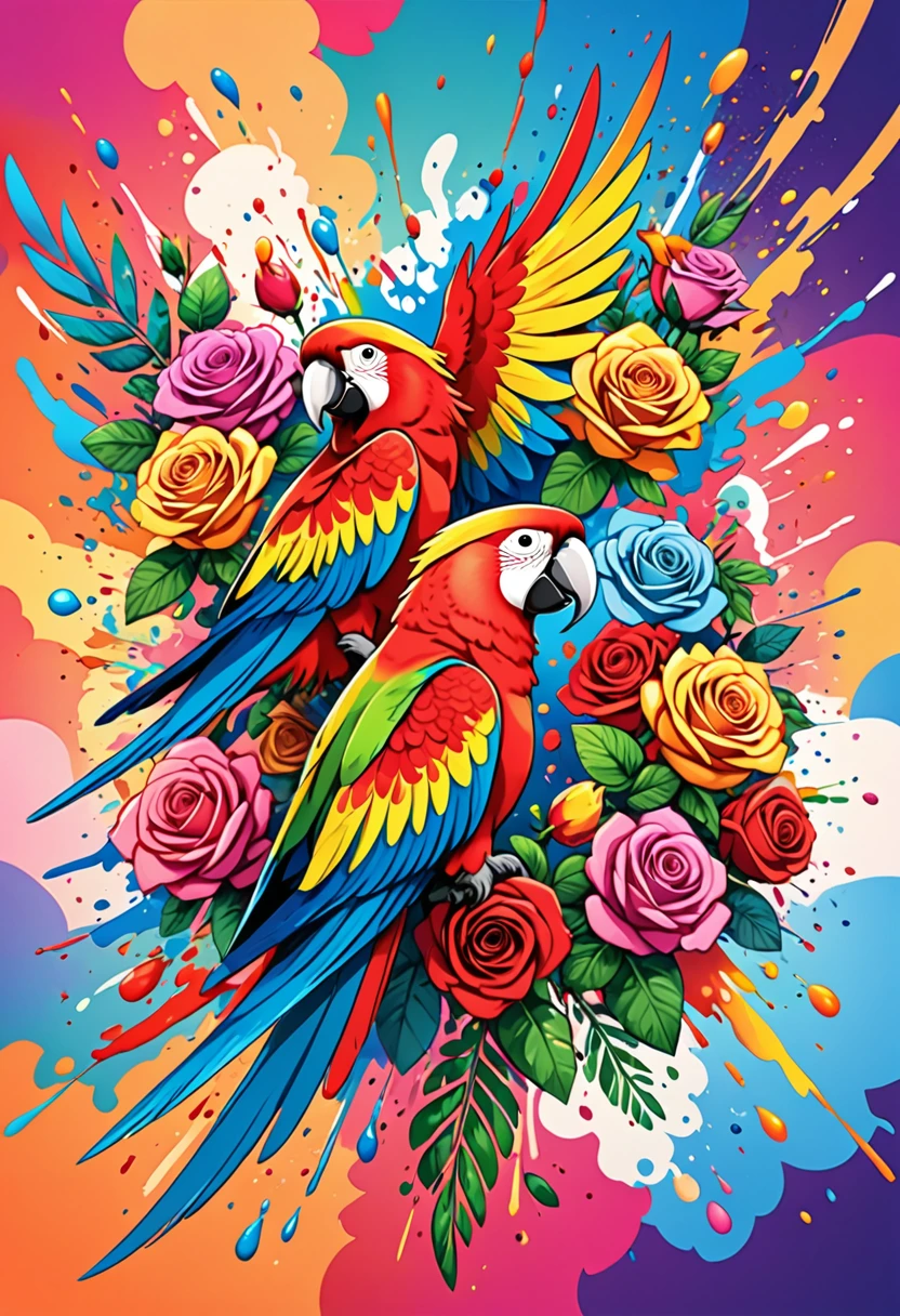 vectorial art, Colorful illustration with many roses and parrots, At the center, swirly vibrant colors, paint splashes and smears, high détail,explosion effect background