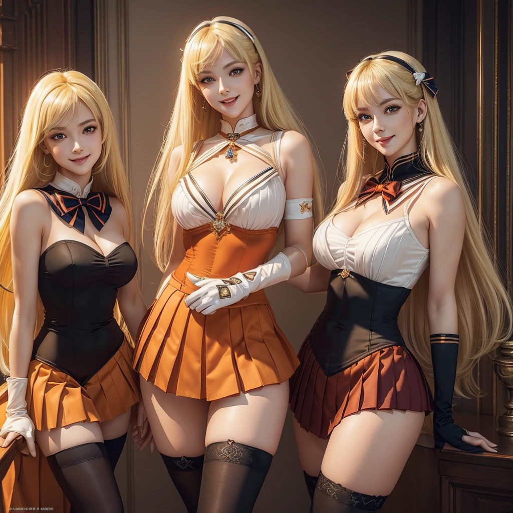 Beautiful 3 girl, full body shot, (blonde hair, straight blonde hair: 1.28), clear skin, (beautiful face and hair), pale skin, medium breasts, cleavage, (thin hips, thin waist , athletic body: 1.25), (stockings), detailed skin, smile open mouth), black and silver and orange color scheme, highly detailed)), 8k textures, soft light, elegant, highly detailed, sharp focus, soothing tones, hyperdetailed, low contrast, hdr, faded, bed, ((sailor venus outfit, long gloves, jewelry, make-up, glowing red eyes, smile, open mouth, pleated skirt, Bosque, leotard, pleated skirt, bow on chest, knee high stockings)) realistic, side by side