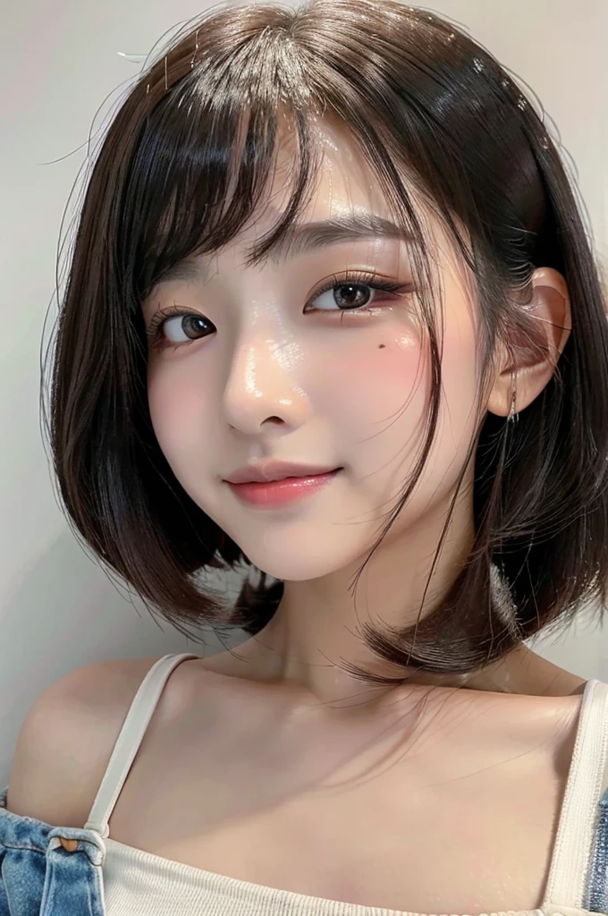 Selfie,looking at the camera,Close-up of face,Black Hair,Long Hair,Drooping eyes,Double,pretty girl,Smokey Makeup,Matte finish makeup,eye shadow,mascara,camisole