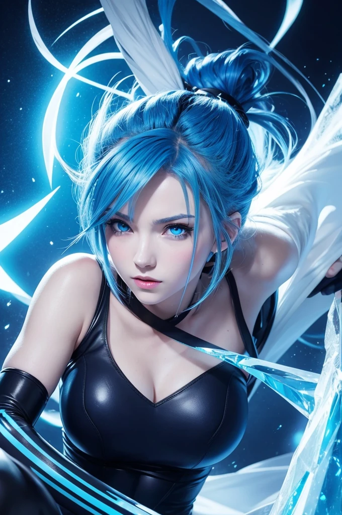 Anime blue-haired and blue-eyed villain girl with Ice powers