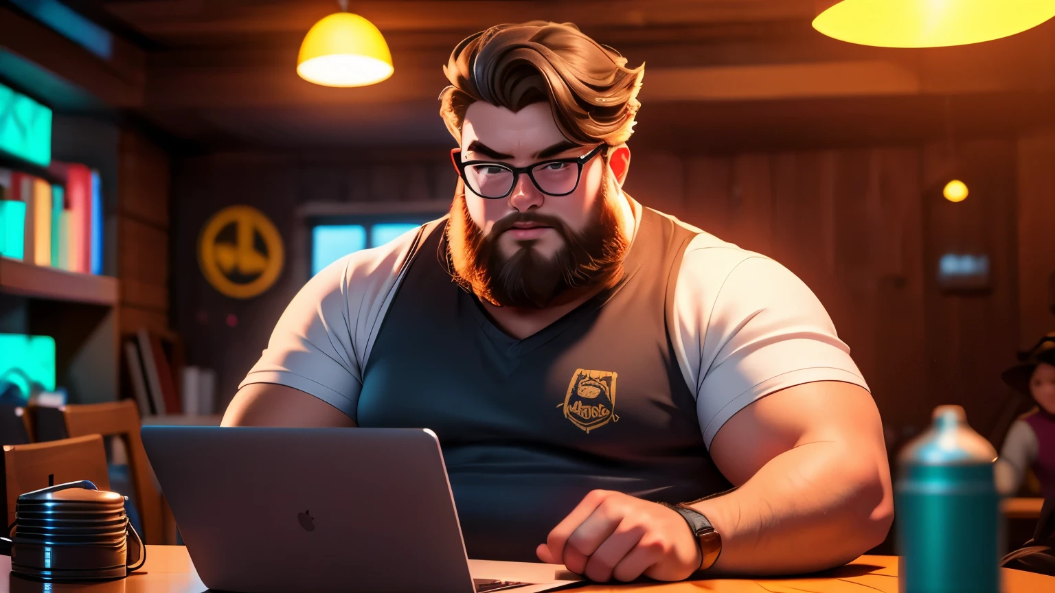 max , a macho big geek , with a hipo beard sitting at a table with a laptop and a microphone, wearing summer clothes , realism, , in a streamer studio room, neon ambiance , looking to camera, portrait shot 8 k, photo portrait, looking towards the camera , ultra detail, high resolution, ultra detailed, best quality, amazing, top quality, extremely detailed CG unity 8k wallpaper, cinematic lighting.
