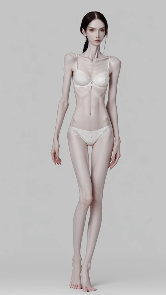 a woman, very thin body, body visible bones, very slender , sweaty weat body, pale white skin, panties, bra,tatto, full body