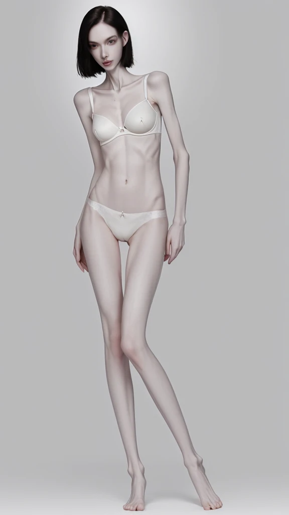 a woman, very thin body, body visible bones, very slender , sweaty weat body, pale white skin, panties, bra,tatto, full body