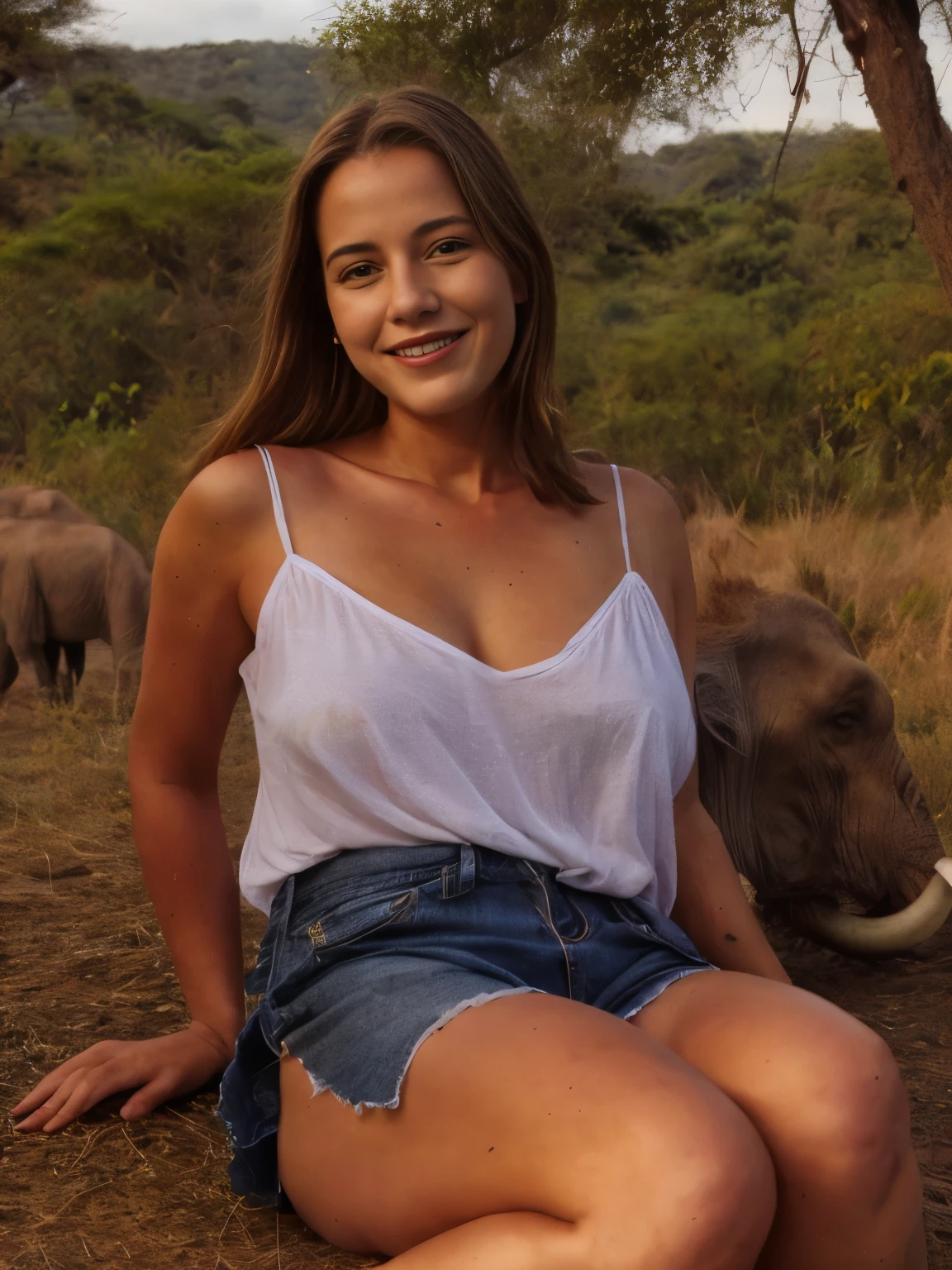 young woman slightly smiling sitting comfortably provocant seductive laszive in an "1963 white jaguar e-type cabrio with open roof" in african savanna in kenia looking to the mountain range near jungle in background, dark shaddows, sunny, dry grass, some bushes and trees, one elephant left in image and one giraffe right in image , both animals in background