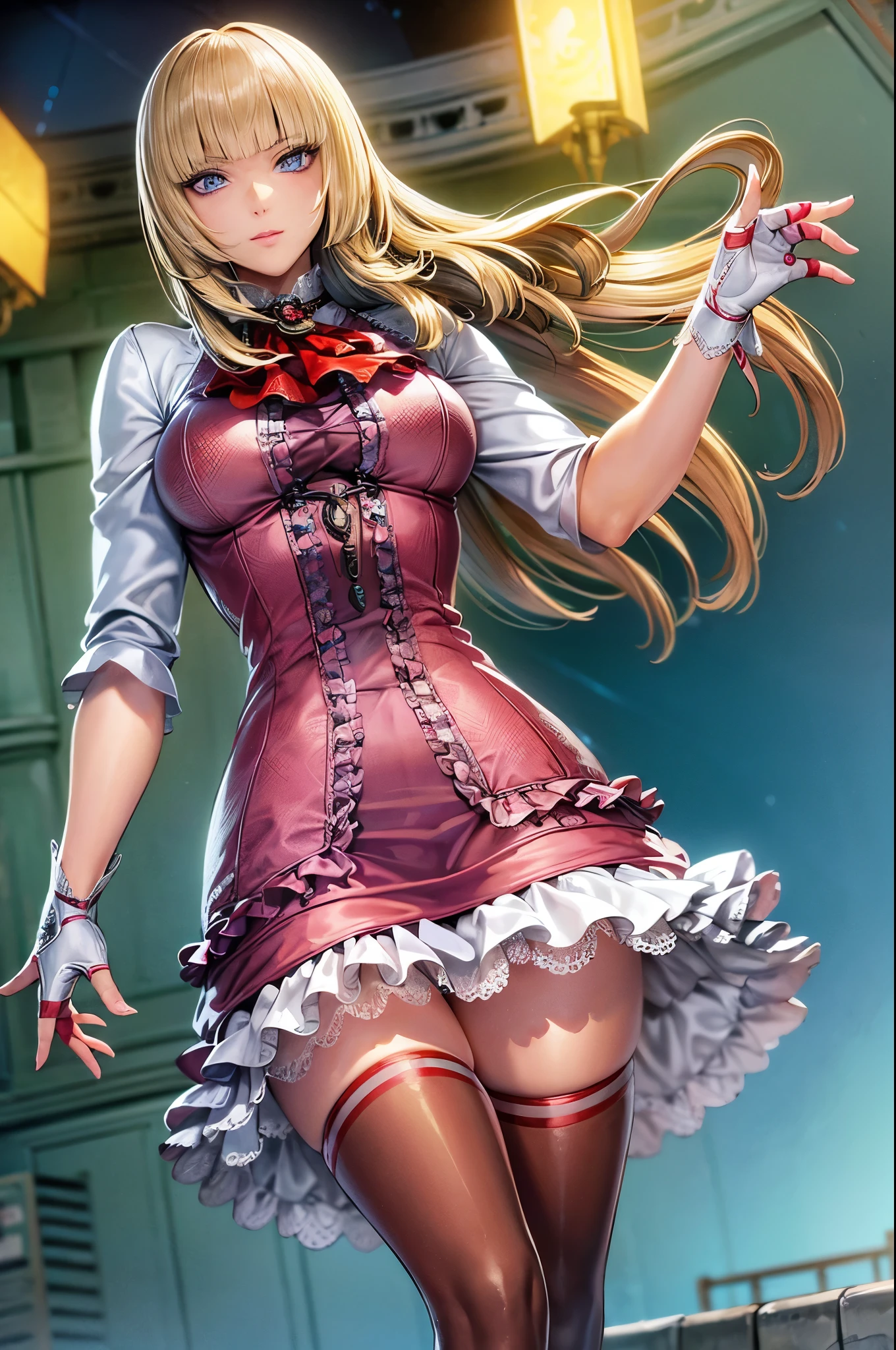 perfect eyes:1.2, detailed eyes:1.4, Emilie T8, blunt bangs, blue eyes, long hair, blonde hair, pink thighhighs, lace-up boots, pink frilled dress, frilled ascot, fingerless gloves, smile, red eyeshadow:1.2, makeup:1.2, cowboy shot, 1girl, solo, (masterpiece:1.6, best quality), 8k, insane details, intricate details, hyperdetailed, hyper quality, high detail, ultra detailed, professional, HDR, ray tracing reflection, cinematic lighting,
