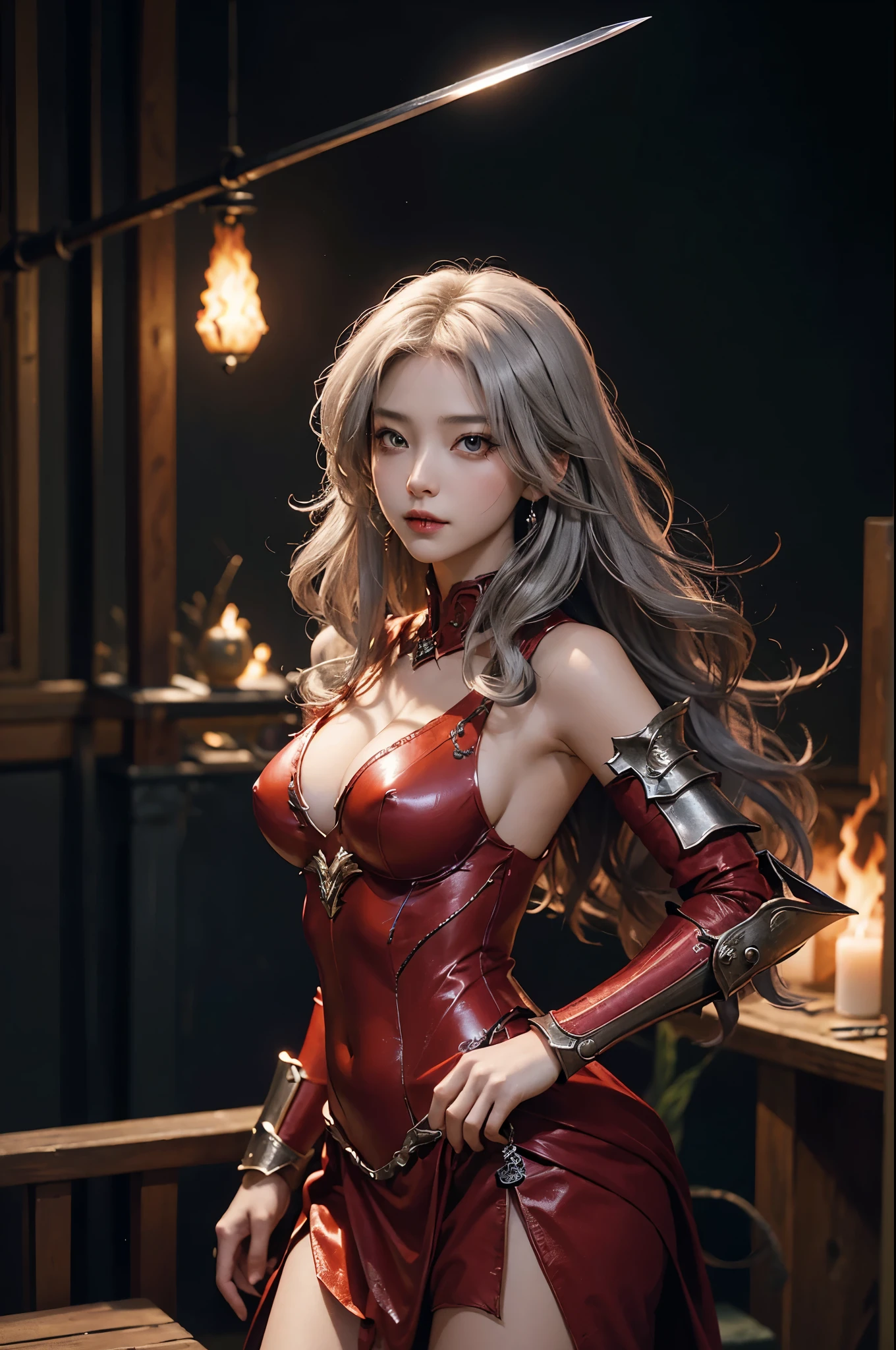 8K、赤いFlame-themed chest armor,A bewitching succubus in gorgeous red armor.,so beautiful(Like the real thing)、A long skirt with a luxurious red flame motif.,An Al-Afed woman poses for a photo with a sword and armour、Beautiful wavy silver hair、Big and ample breasts、Flame-themed chest armor(red and silver)2。5d cgi anime Fantasy artwork、Fan Art Mayor Art Station、デジタルFantasy art)、Big blow Loss Draw、Woman in armor、壮大なFantasy artスタイル、Beautiful Succubus、Charm、Beautiful fangs、Looking at the audience、Captivating Gaze、Laughter、masterpiece,masterpiece,Photorealistic RAW photos of the highest quality。Bright colors,Rich colors, Backlight, Cinema Lighting, Film Grain, to be born, 50mm lens, Nikon D850,Realistic Skin,Fantasy art,Character Art,Ultra-high resolution,Realistic scale skins,Goddess of Evil,Muscular Beauty,Extremely stiff abs,