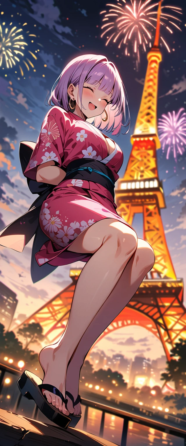 (masterpiece, best quality:1.2),1girl, (solo), Android 18 from Dragon Ball, ((floral print pink kimono)), medium breasts, blunt bangs, purple short hair, (close eyes), earrings on earlobes, slim, slender feminine figure, skinny body, blush, magnificent view, blur background, 4K, open mouth, smile, full body, Japanese sandals, Tokyo Tower, firework, arms back, cleavage, from below,