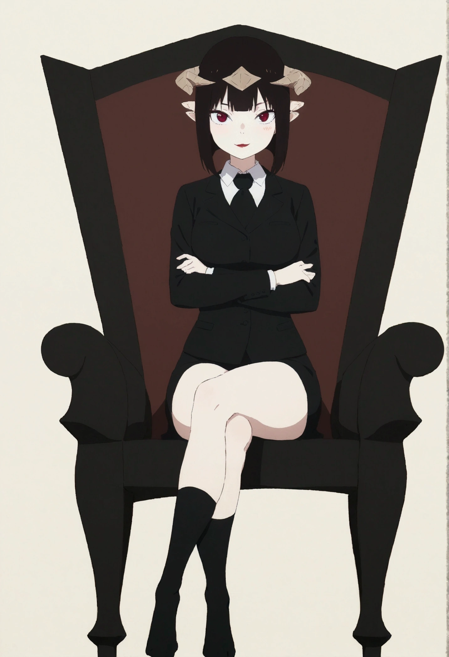 (work of art, ultra detali,high resolution,8K), 1 girl ,standing alone,hinterland,Look to viewer, TochaTortura, trunk,sheen,brunette skin,sitting on a chair,legs crossed,ssmile,black socks,blushed,horns on head,sadistic look
