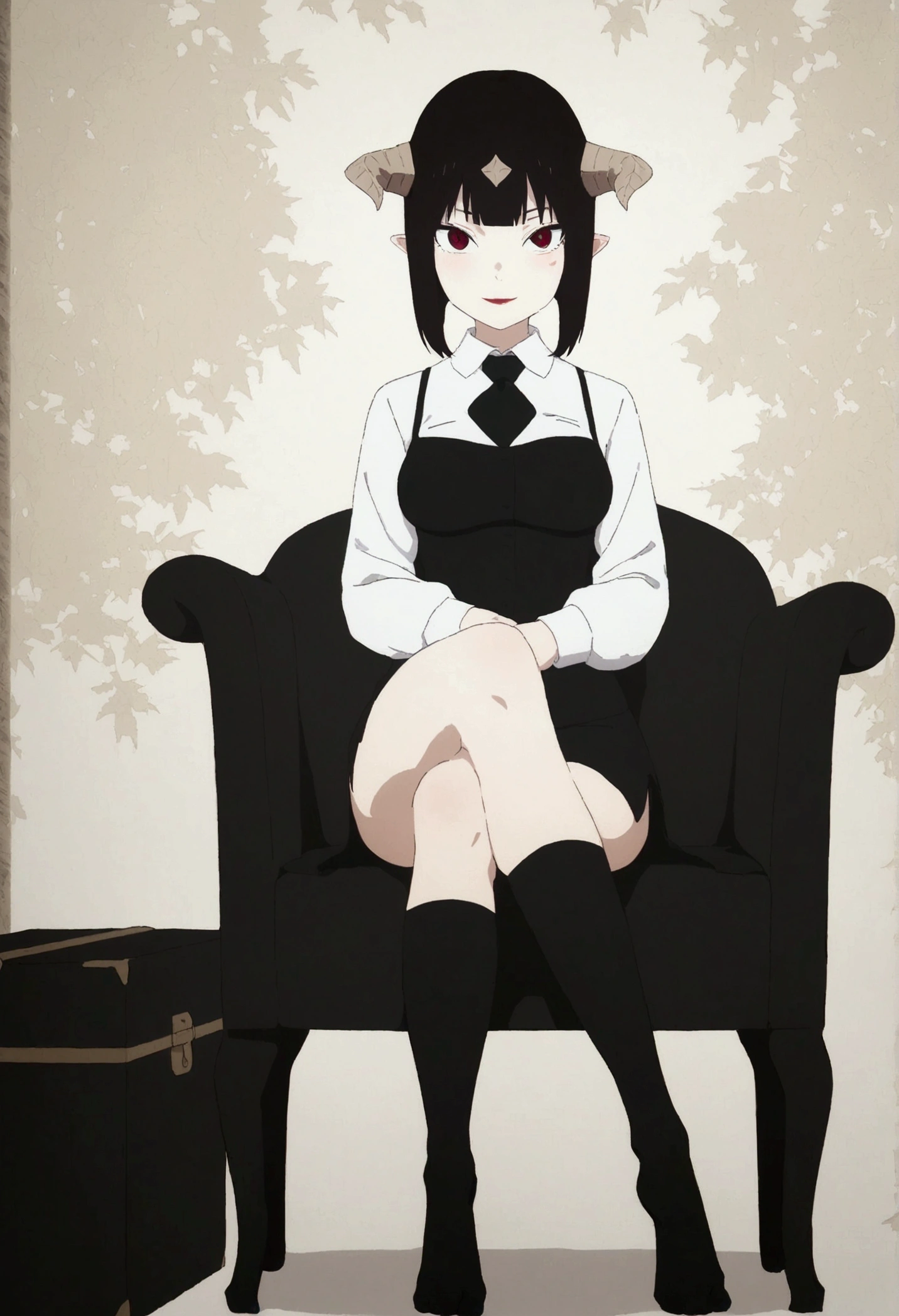 (work of art, ultra detali,high resolution,8K), 1 girl ,standing alone,hinterland,Look to viewer, TochaTortura, trunk,sheen,brunette skin,sitting on a chair,legs crossed,ssmile,black socks,blushed,horns on head,sadistic look