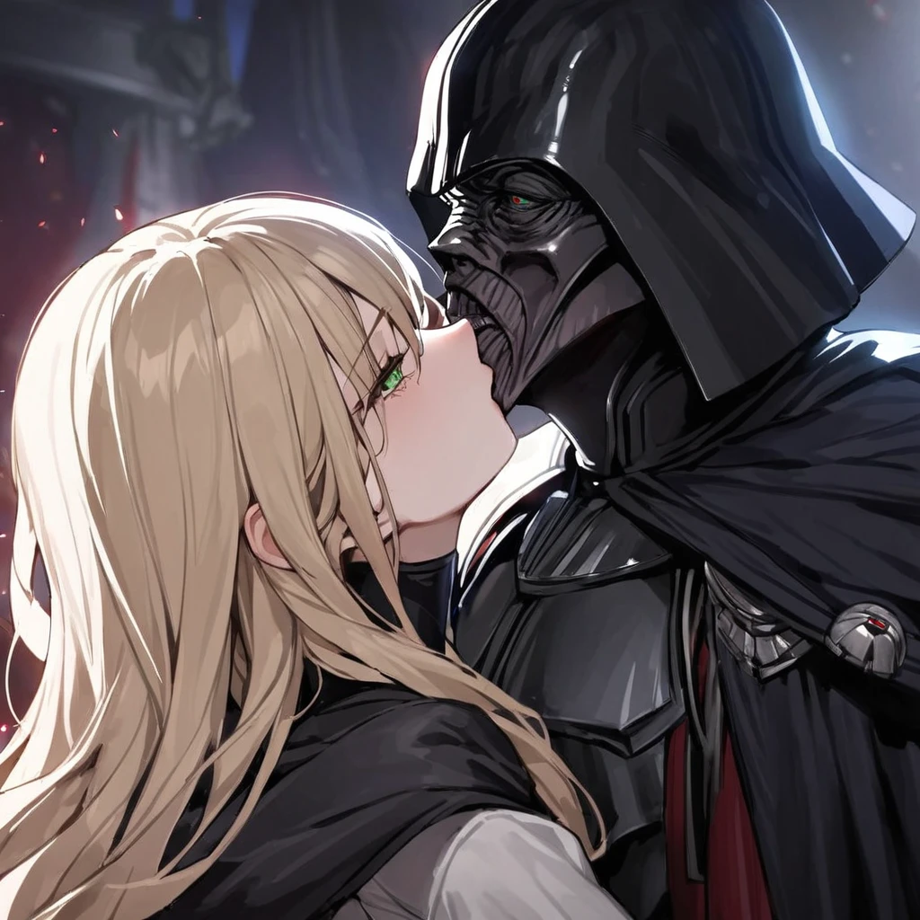 ((Highest quality)), ((masterpiece)), (detailed), （Perfect Face）、The woman is Tiare, a beautiful Space Imperial Army officer with green eyes and medium-long blonde hair, wearing a Space Imperial Army uniform and military cap.、The woman pledges her loyalty to Emperor Palpatine, and they embrace, love, and kiss.、The woman is standing close to the Emperor, and the dignified old Emperor Palpatine is holding her close, kissing her and loving her.、The man is Darth Sidious, Emperor Palpatine, Dark Lord of the Sith, a wrinkled, dignified, ugly old man wearing a black hooded robe, embracing, kissing and fondling a woman.