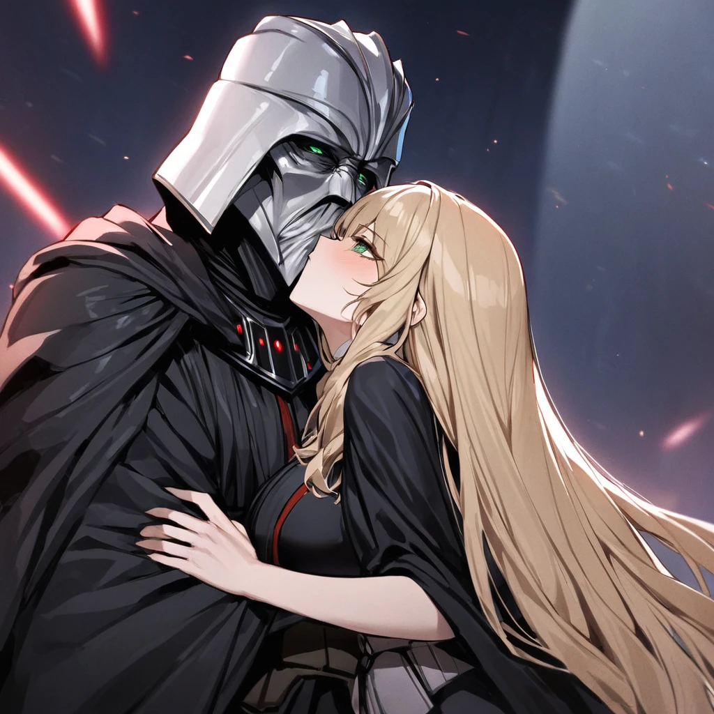 ((Highest quality)), ((masterpiece)), (detailed), (Perfect Face)、The woman is Tiare, a beautiful Space Imperial Army officer with green eyes and medium-long blonde hair, wearing a Space Imperial Army uniform and military cap.、The woman pledges her loyalty to Emperor Palpatine, and they embrace, love, and kiss.、The woman is standing close to the Emperor, and the dignified old Emperor Palpatine is holding her close, kissing her and loving her.、The man is Darth Sidious, Emperor Palpatine, Dark Lord of the Sith, a wrinkled, dignified, ugly old man wearing a black hooded robe, embracing, kissing and fondling a woman.