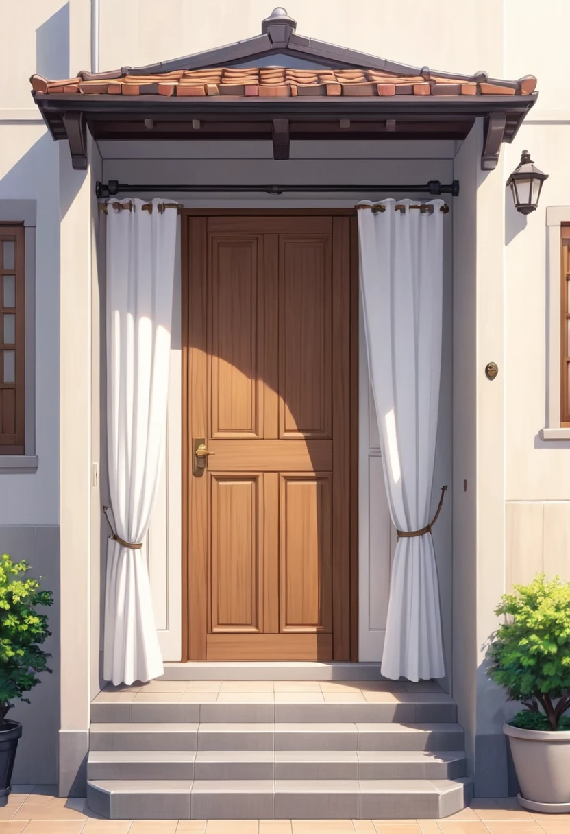 There is a cartoon image of a closed door, welcoming, with a small balcony, windows with white curtains and light wooden door with a simple finish, sleek design, animated film, animated film, artistic rendering