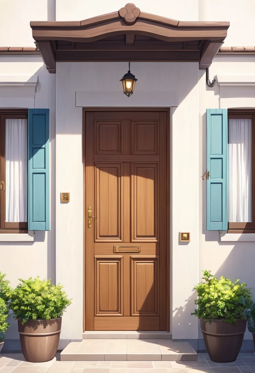 There is a cartoon image of a closed door, welcoming, with a small balcony, windows with white curtains and light wooden door with a simple finish, sleek design, animated film, animated film, artistic rendering