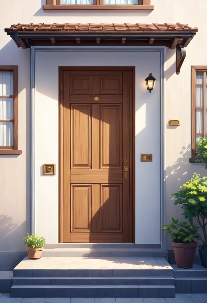 There is a cartoon image of a closed door, welcoming, with a small balcony, windows with white curtains and light wooden door with a simple finish, sleek design, animated film, animated film, artistic rendering