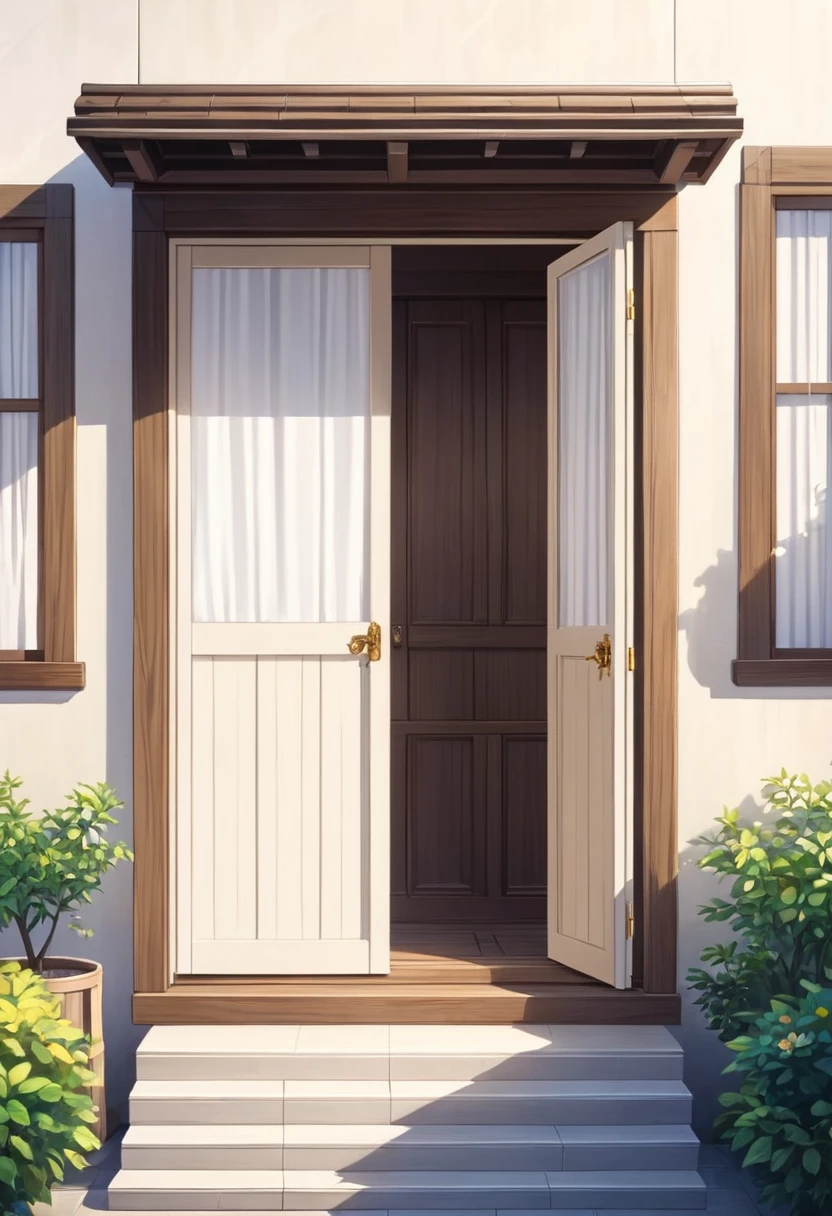 There is a cartoon image of a closed door, welcoming, with a small balcony, windows with white curtains and light wooden door with a simple finish, sleek design, animated film, animated film, artistic rendering