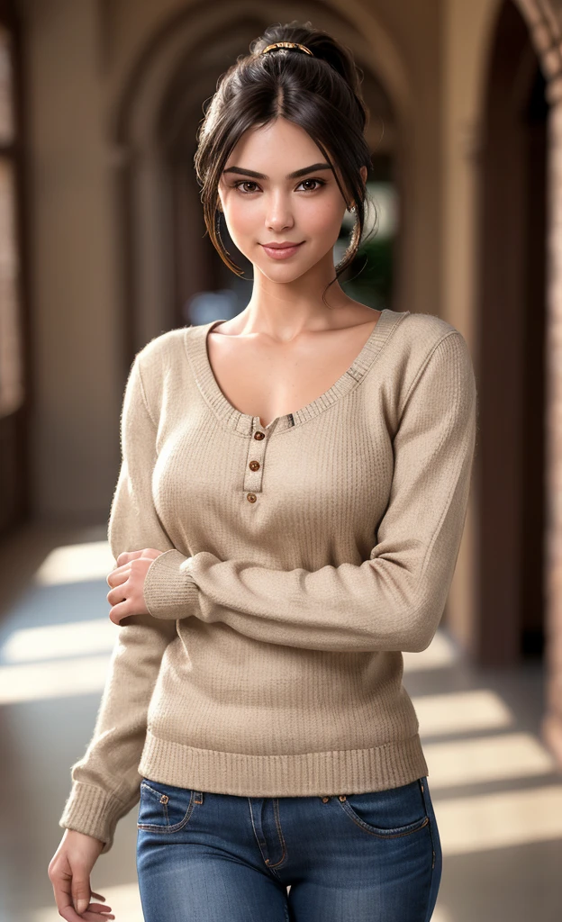(masterpiece), (extremely intricate:1.3), (realistic), portrait of a girl, flat chest, the most beautiful in the world, bishy eyebrows, straw coloured hair, loose high ponytail, very muscular, beefy arms, cute smile, wearing long sleeve Henley, jeans, posing, detailed textures, upper body, indoors, bright sunlight, classroom hallway, professional photograph of a stunning woman detailed, looking at the camera, alluring stare, detailed eyes, sharp focus, dramatic, award winning, cinematic lighting, octane render unreal engine, volumetrics dtx, (film grain, blurry background, blurry foreground, bokeh, depth of field, motion blur:1.3)