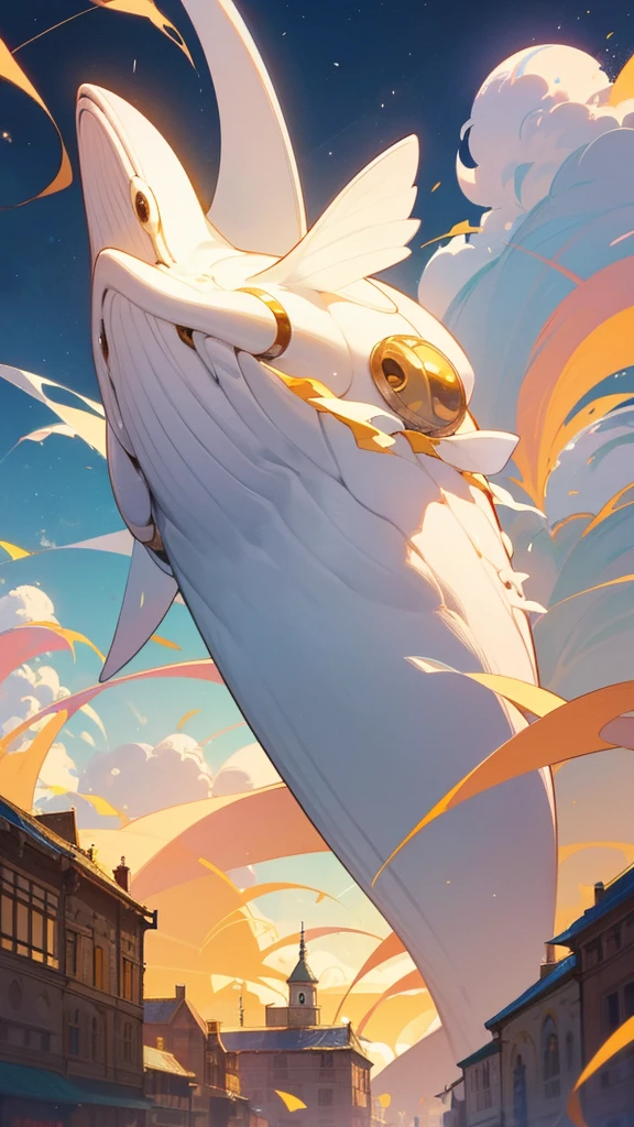 Create a whimsical and crowded scene set in a fantastical city with white and gold architecture. The city is bustling with various cute and unique characters, including humans and cartoon-like creatures. A large, friendly whale floats in the middle of the scene, with some characters standing on its back. The background is filled with soft, glowing clouds and a golden sky. Include small, hidden details like tiny creatures peeking out from behind buildings and interacting with each other. The overall atmosphere should be cheerful and lively, with a playful, dreamlike quality.