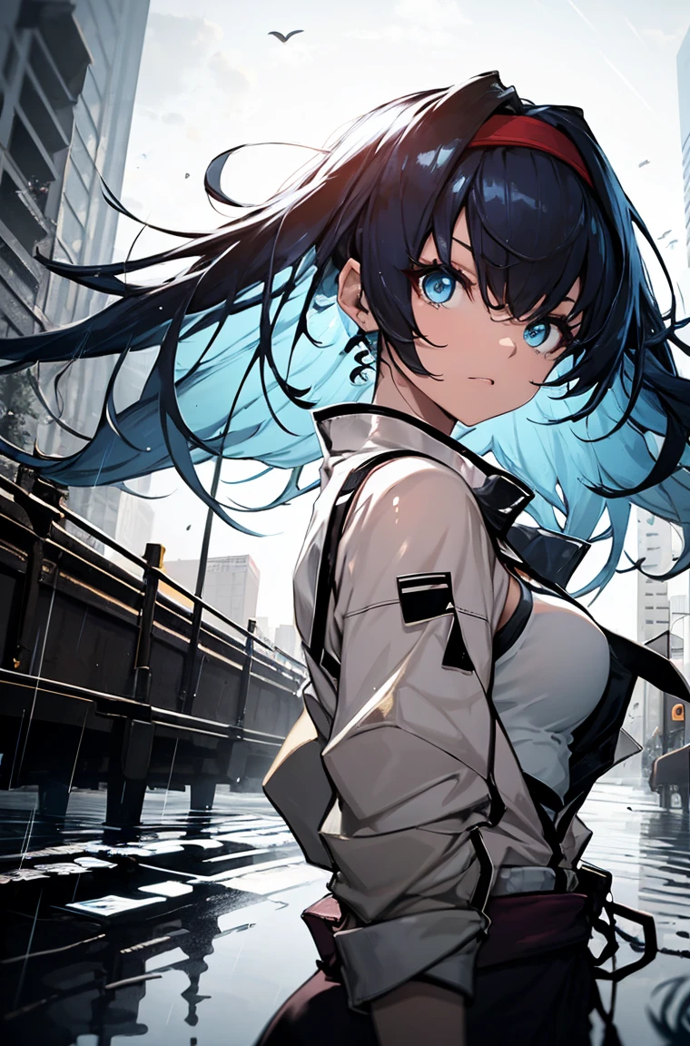 A masterpiece,White shirt，best quality, Illustration style，Large aperture portrait， Anime Girl, beautiful eyes, summer, Wide leg pants, small, Heartwarming, Youthful and beautiful,,Regular Clothes，Black and white,, showing a natural casual style. Dynamic posture contains the golden ratio, China, White space, Strong contrast between light and shadow, Super texture, Super clear and concise pictures, presenting extremely beautiful, Elegant temperament, subtle facial expressions, City background, rain, Road area water reflection，one person