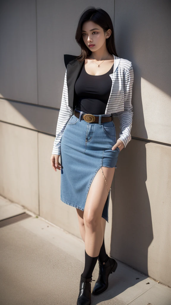 (masterpiece, best quality, beautiful and aesthetic:1.3), 1 Girl, Solitary,belt, black legwear, black shirt, breast pocket, cleavage, collarbone, denim, denim skirt, high-waist skirt, jewelry, long sleeves, pocket, shirt, shirt tucked in, skirt, striped, striped sleeves, waistcoat,
