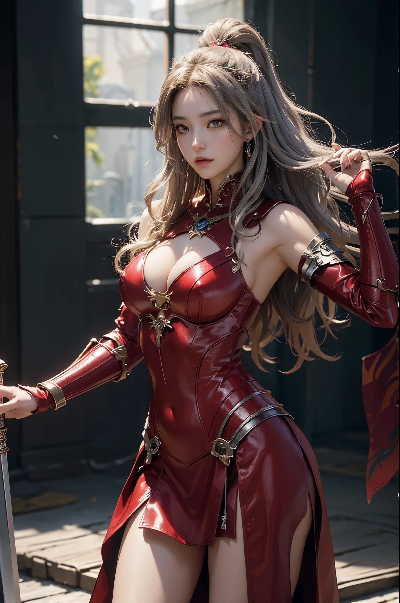 8K、赤いFlame-themed chest armor,A bewitching succubus in gorgeous red armor.,so beautiful(Like the real thing)、A long skirt with a luxurious red flame motif.,An Al-Afed woman poses for a photo with a sword and armour、Beautiful wavy silver hair、Big and ample breasts、Flame-themed chest armor(red and silver)2。5d cgi anime Fantasy artwork、Fan Art Mayor Art Station、デジタルFantasy art)、Big blow Loss Draw、Woman in armor、壮大なFantasy artスタイル、Beautiful Succubus、Charm、Beautiful fangs、Looking at the audience、Captivating Gaze、Laughter、masterpiece,masterpiece,Photorealistic RAW photos of the highest quality。Bright colors,Rich colors, Backlight, Cinema Lighting, Film Grain, to be born, 50mm lens, Nikon D850,Realistic Skin,Fantasy art,Character Art,Ultra-high resolution,Realistic scale skins,Goddess of Evil,Muscular Beauty,Extremely stiff abs,