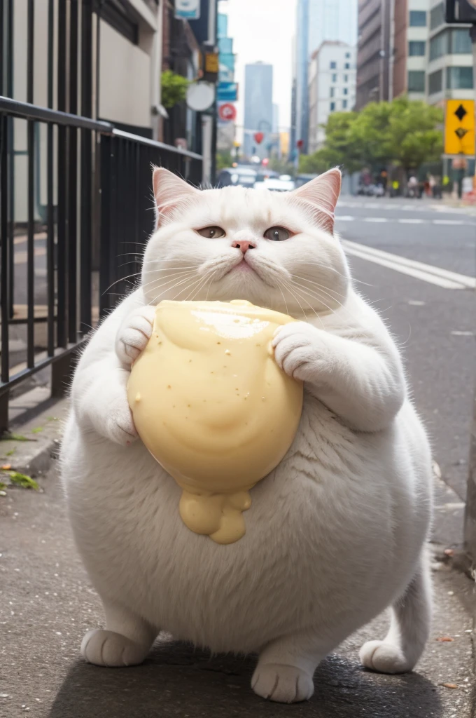 A very fat cat is holding mayonnaise