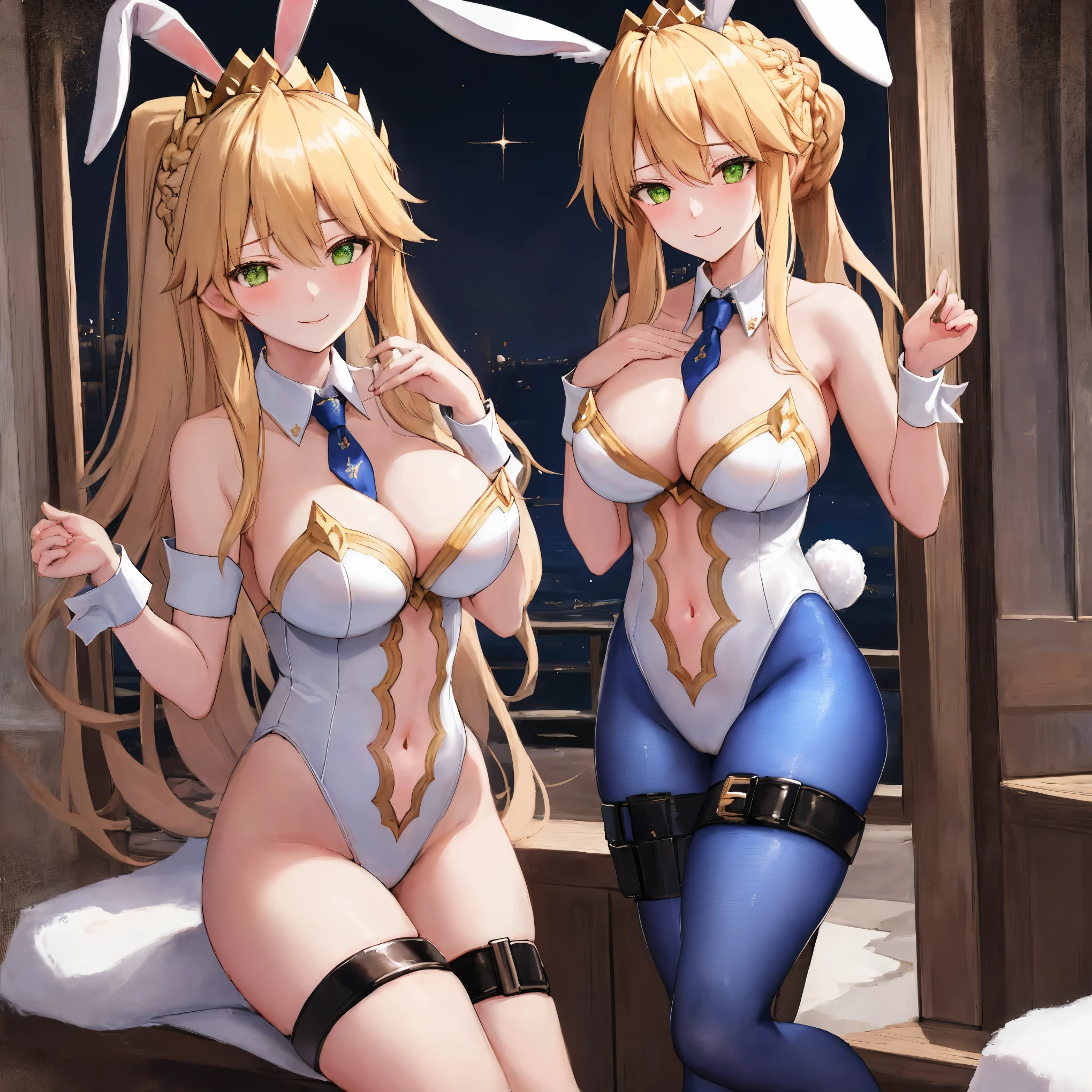 masterpiece, best quality, absurdres, soft lighting, looking at viewer, solo, light_smile, shy,
1girl, ahoge, rabbit ears, playboy bunny, artoria pendragon \(swimsuit ruler\) \(fate\), large breasts , blonde hair, green eyes, french braid, pony tail
bare shoulders, large breasts , cleavage,
clothing cut out, wrist cuffs, detached collar, navel cutout, feather boa,
white leotard, blue necktie, blue pantyhose, single thigh strap, hands_on_head,put_hands_up,
squat,gorgeous_background,solo,rabbit_posing,large_thighs,Extend_fingers,palm,open_legs,.solo
